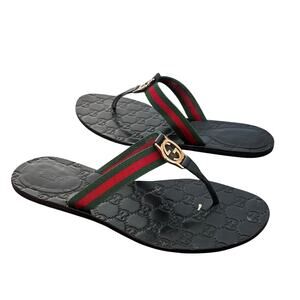Gucci Interlocking GG Monogram Leather Web Stripe Thong Sandals Black Size 39.5